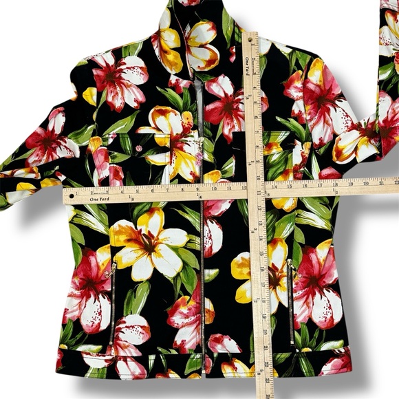 Vintage St. John Sport Tropical Flower Print Denim Jacket Black Yellow Small - Picture 10 of 11